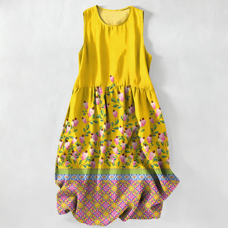 Buddha Stones Robe midi d'été décontractée pour femme, à motif floral et sans manches, avec poches - Jaune - US16，UK/AU20，EU48 (3XL) - image 0