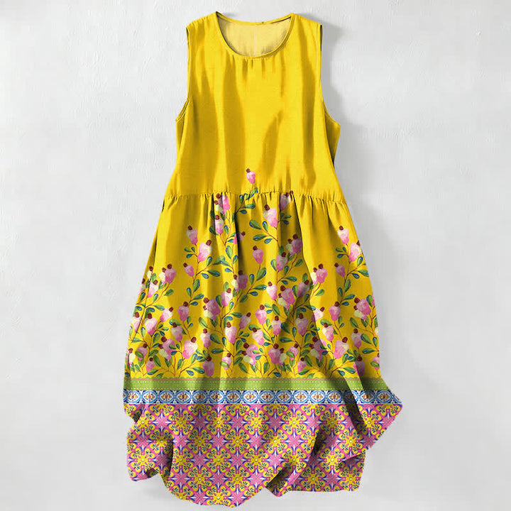 Buddha Stones Robe midi d'été décontractée pour femme, à motif floral et sans manches, avec poches - Jaune - US16，UK/AU20，EU48 (3XL) - image 0