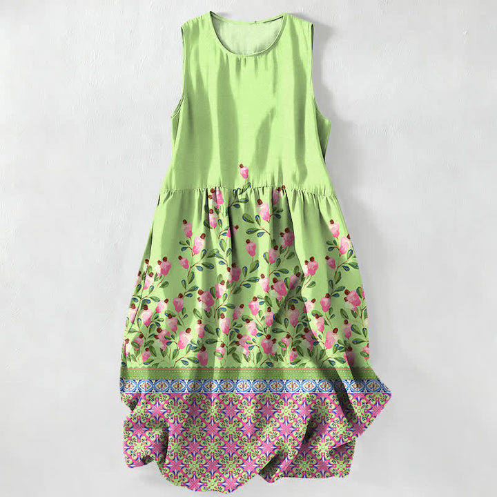 Buddha Stones Robe midi d'été décontractée pour femme, à motif floral et sans manches, avec poches - Vert clair - US16，UK/AU20，EU48 (3XL) - image 4