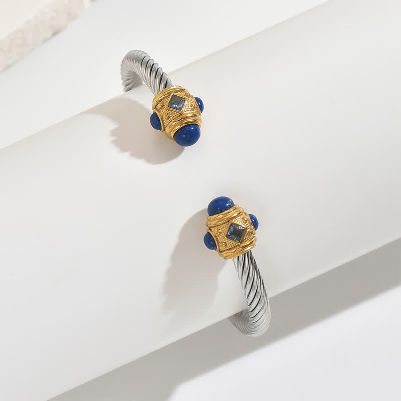 Buddha Stones Bracelet manchette bicolore à spirale énergétique en acier inoxydable - Jaune (avec accent de gemme bleue) - image 7