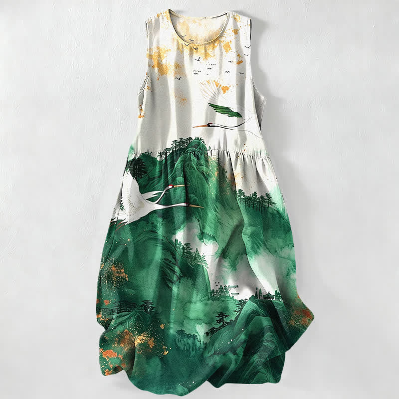 Buddha Stones Robe midi d'été sans manches pour femme, à motif de grues et de paysages à l'encre, avec poches. - Vert forêt - US16，UK/AU20，EU48 (3XL) - image 0