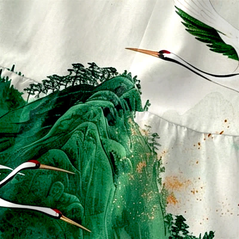 Buddha Stones Robe midi d'été sans manches pour femme, à motif de grues et de paysages à l'encre, avec poches. - image 1