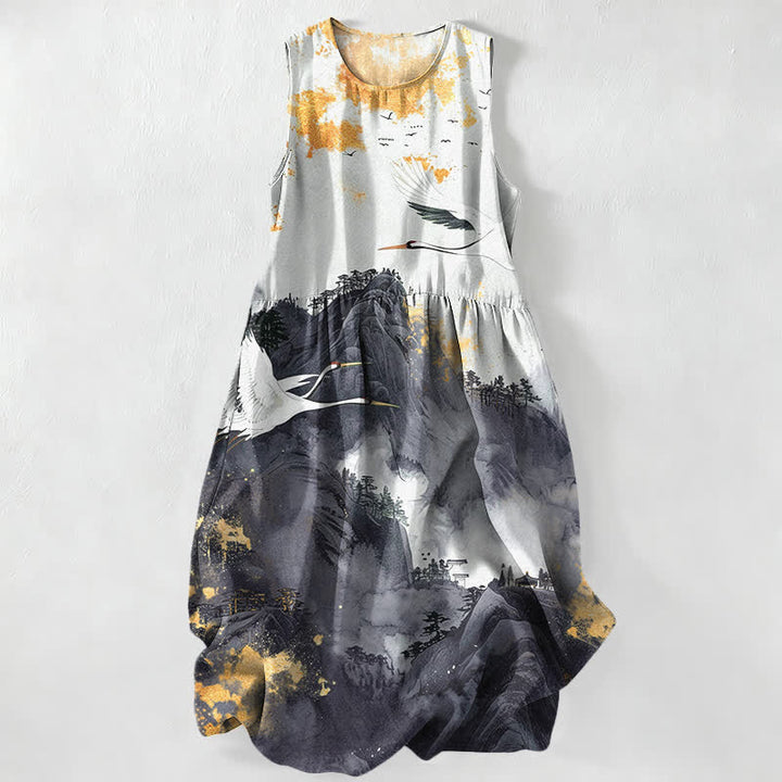 Buddha Stones Robe midi d'été sans manches pour femme, à motif de grues et de paysages à l'encre, avec poches. - Noir - US16，UK/AU20，EU48 (3XL) - image 8