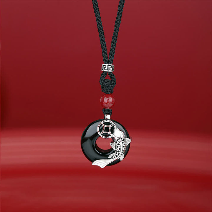 Buddha Stones Collier tressé circulaire en jade représentant une carpe koï et le succès, de style chinois - Onyx noir (Protection ♥ Fortune) - argent (Pureté ♥ Intuition) - image 4