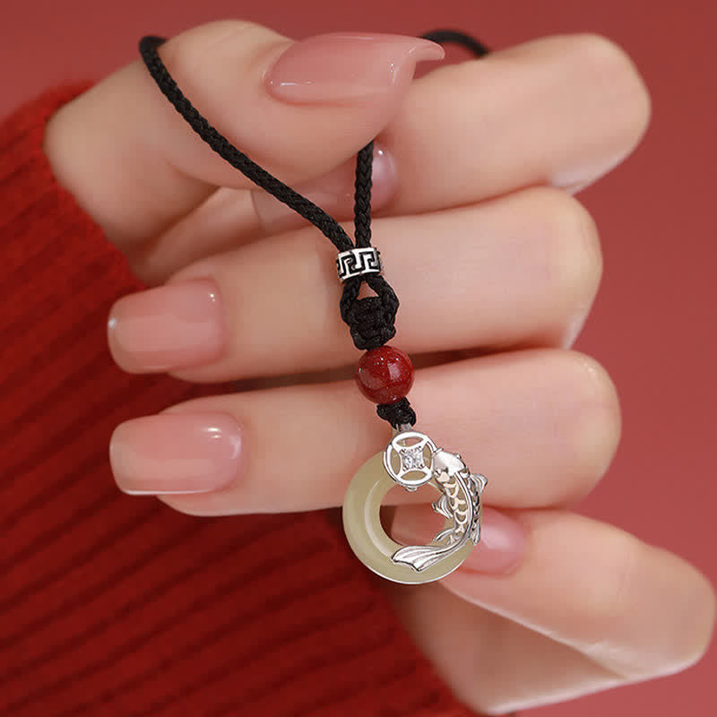 Buddha Stones Collier tressé circulaire en jade représentant une carpe koï et le succès, de style chinois - image 12