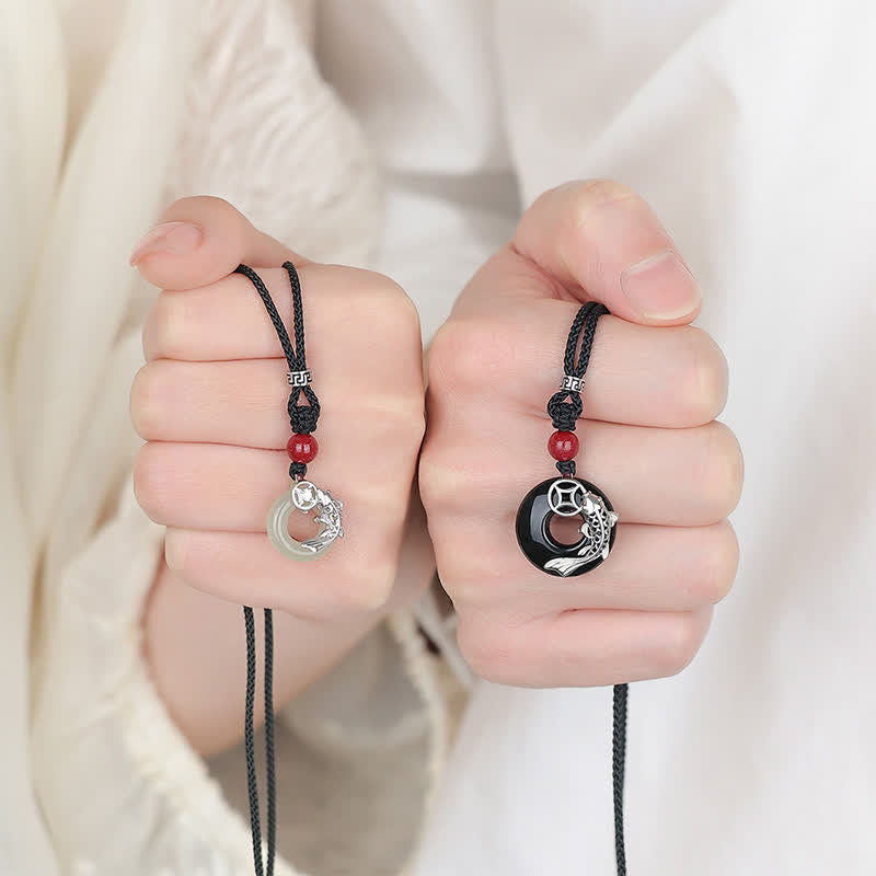 Buddha Stones Collier tressé circulaire en jade représentant une carpe koï et le succès, de style chinois - image 2