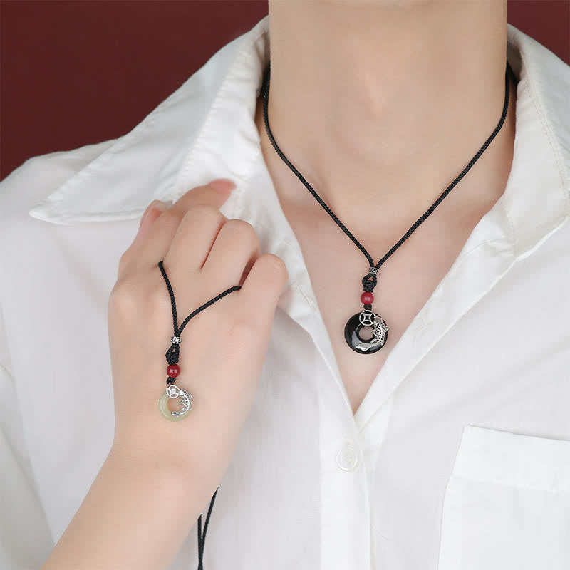 Buddha Stones Collier tressé circulaire en jade représentant une carpe koï et le succès, de style chinois - image 3