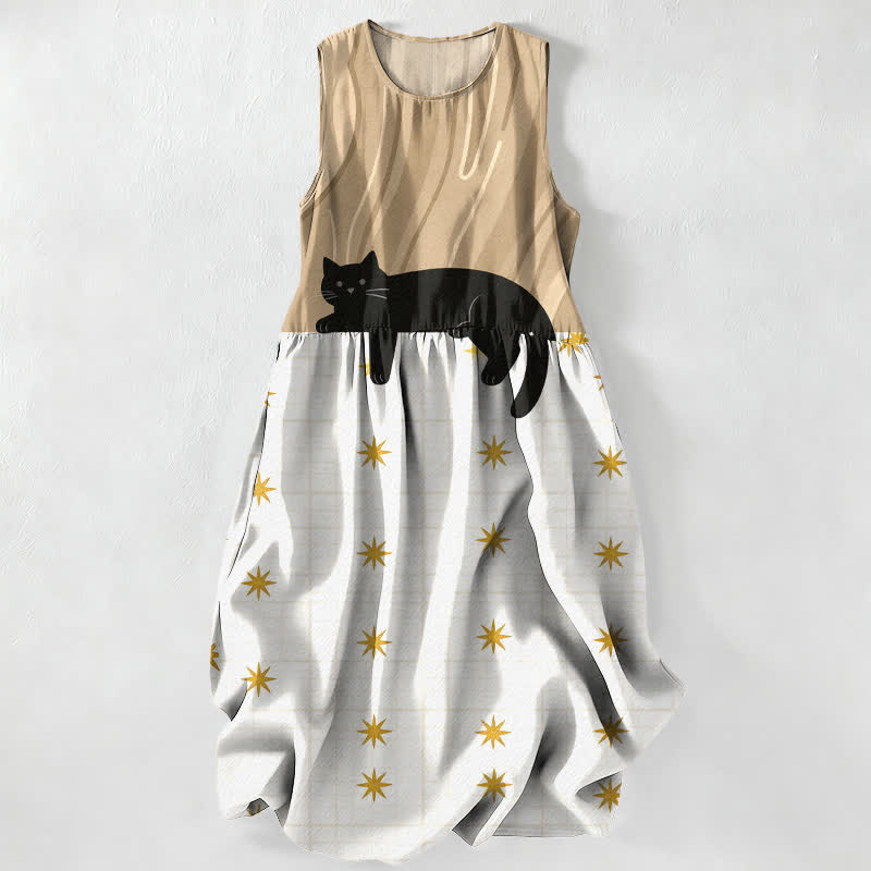 Buddha Stones Robe midi d'été décontractée pour femme, sans manches, à motif chat noir et étoiles, avec poches - Tanné - US16，UK/AU20，EU48 (3XL) - image 8