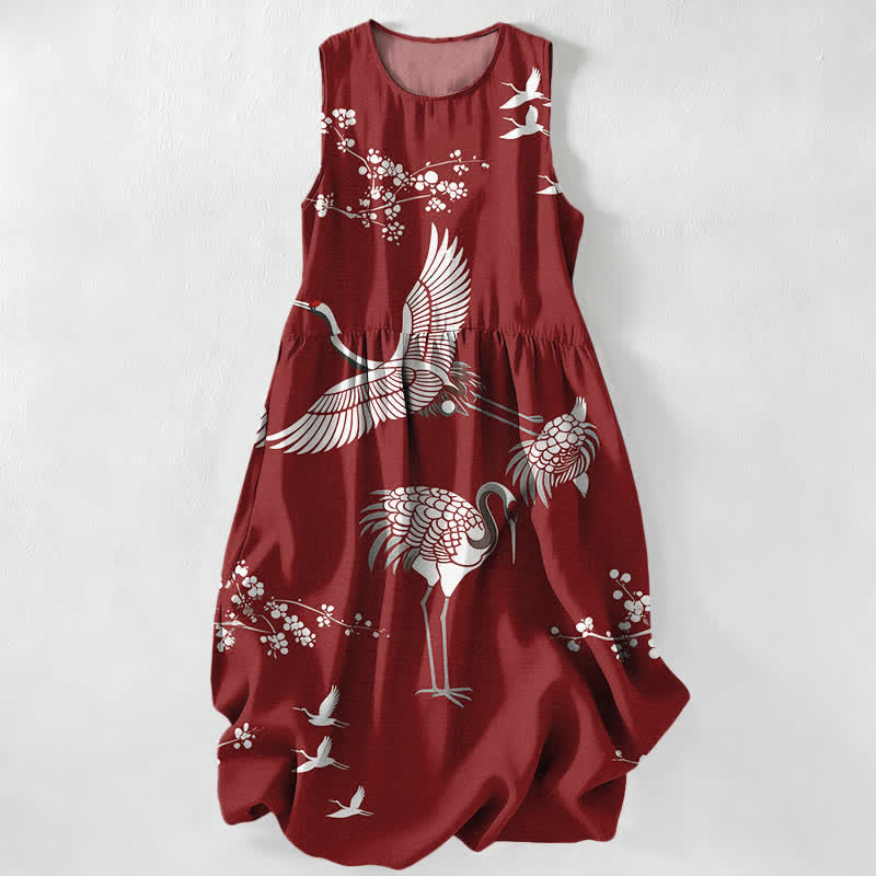 Buddha Stones Robe midi d'été décontractée pour femme, à motif de fleurs de grue, sans manches et avec poches - Bordeaux - US16，UK/AU20，EU48 (3XL) - image 0