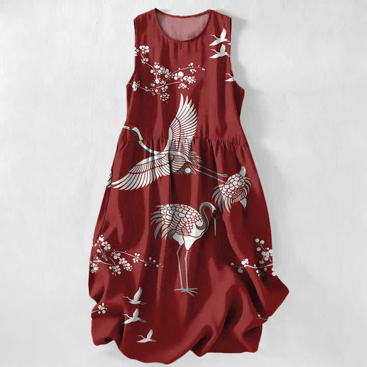 Buddha Stones Robe midi d'été décontractée pour femme, à motif de fleurs de grue, sans manches et avec poches - Bordeaux - US16，UK/AU20，EU48 (3XL) - image 0