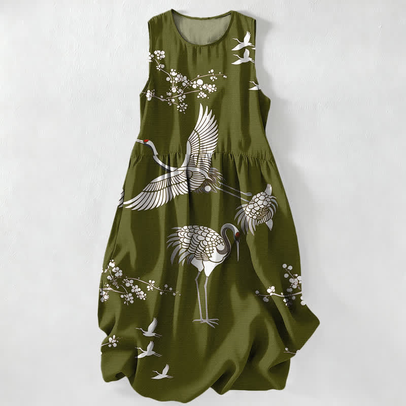 Buddha Stones Robe midi d'été décontractée pour femme, à motif de fleurs de grue, sans manches et avec poches - Vert olive - US16，UK/AU20，EU48 (3XL) - image 4
