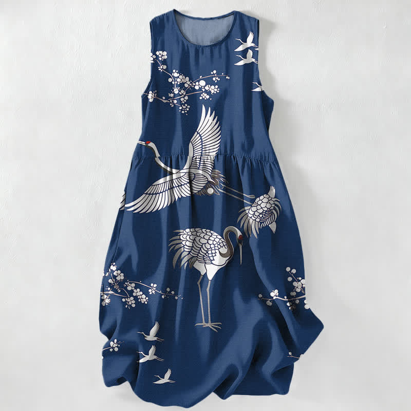 Buddha Stones Robe midi d'été décontractée pour femme, à motif de fleurs de grue, sans manches et avec poches - Marine - US16，UK/AU20，EU48 (3XL) - image 8