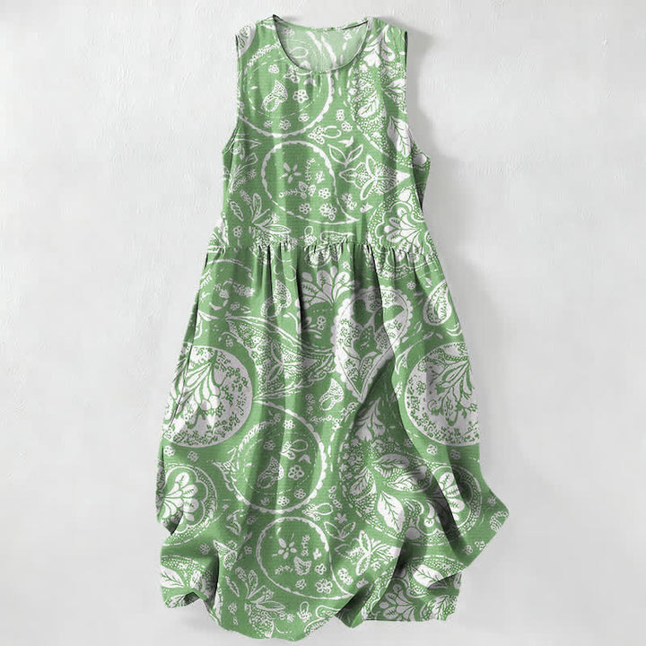 Buddha Stones Robe midi d'été décontractée blanche à motif floral médaillon, sans manches et avec poches, pour femme - Vert pâle - US16，UK/AU20，EU48 (3XL) - image 0