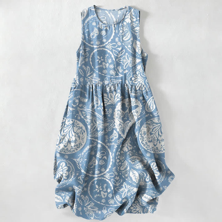 Buddha Stones Robe midi d'été décontractée blanche à motif floral médaillon, sans manches et avec poches, pour femme - Bleu poudré - US16，UK/AU20，EU48 (3XL) - image 4