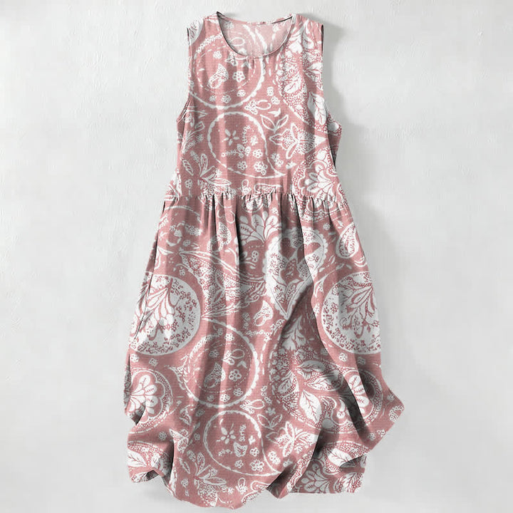 Buddha Stones Robe midi d'été décontractée blanche à motif floral médaillon, sans manches et avec poches, pour femme - Rose clair - US16，UK/AU20，EU48 (3XL) - image 8
