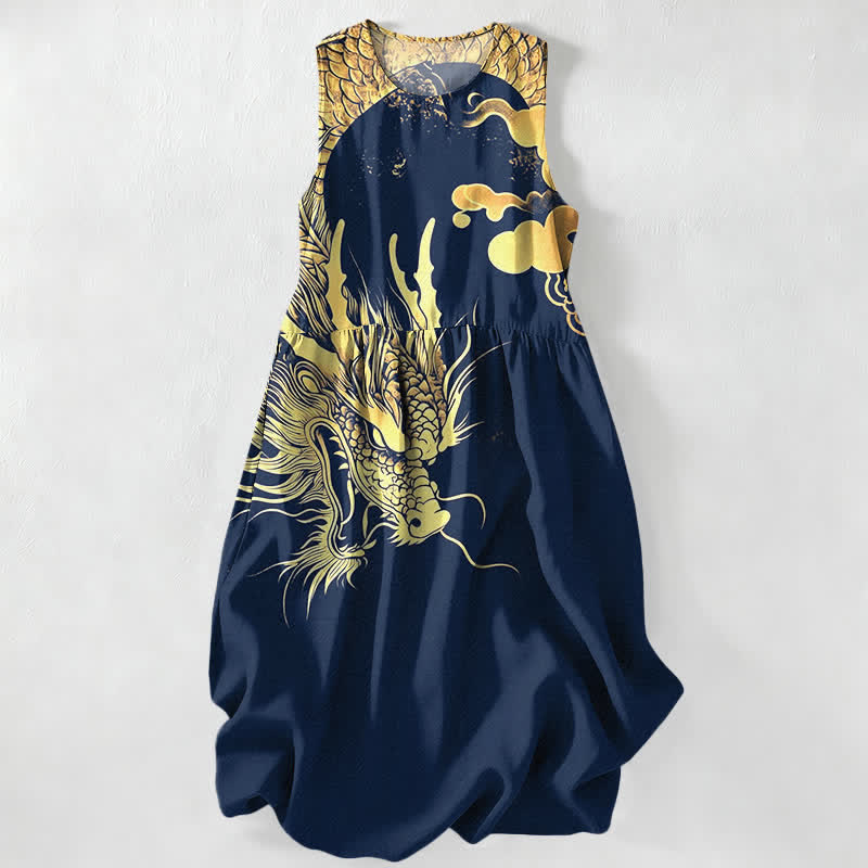 Buddha Stones Robe midi d'été décontractée pour femme, sans manches, à motif nuage de dragon doré et poches - Marine - US16，UK/AU20，EU48 (3XL) - image 0