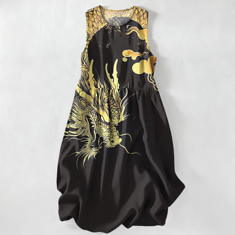 Buddha Stones Robe midi d'été décontractée pour femme, sans manches, à motif nuage de dragon doré et poches - Noir - US16，UK/AU20，EU48 (3XL) - image 4