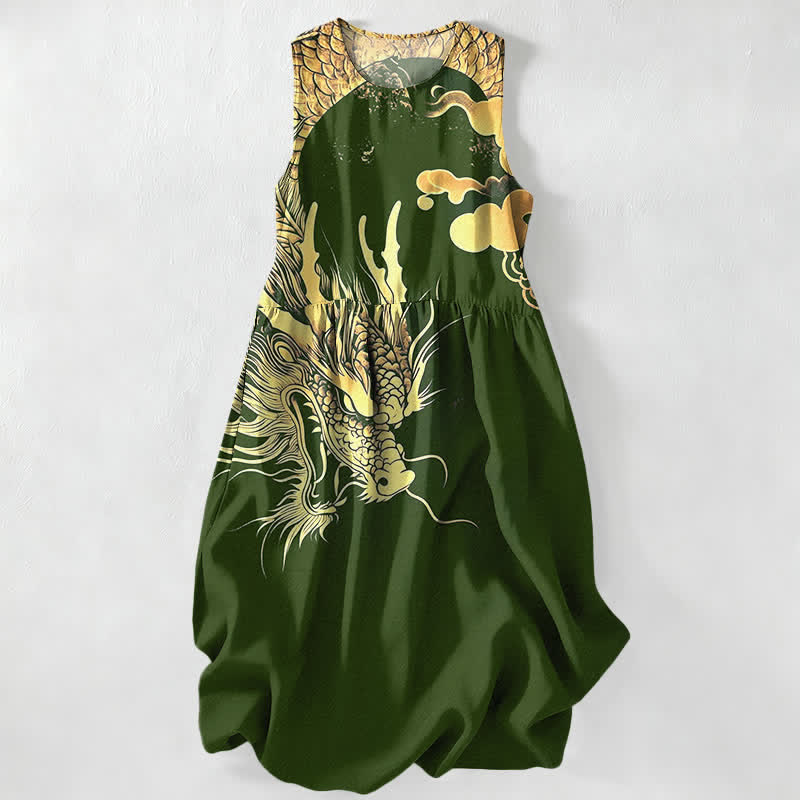 Buddha Stones Robe midi d'été décontractée pour femme, sans manches, à motif nuage de dragon doré et poches - Vert olive foncé - US16，UK/AU20，EU48 (3XL) - image 8