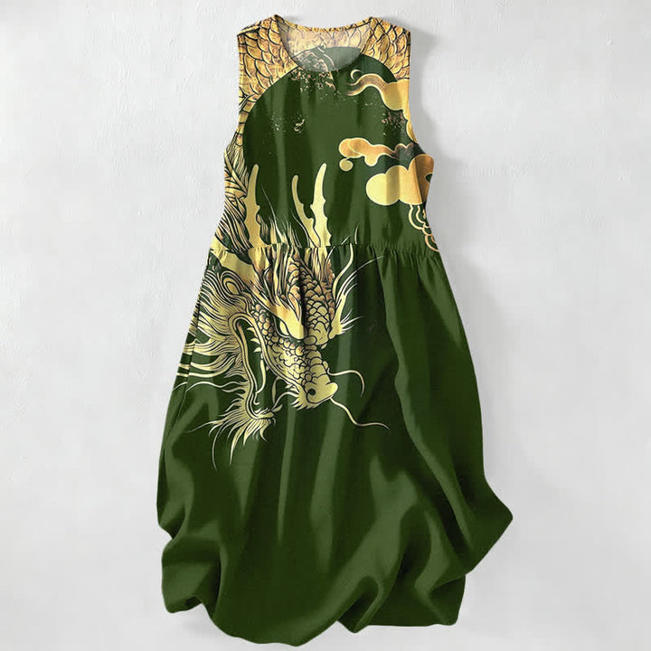 Buddha Stones Robe midi d'été décontractée pour femme, sans manches, à motif nuage de dragon doré et poches - Vert olive foncé - US16，UK/AU20，EU48 (3XL) - image 8
