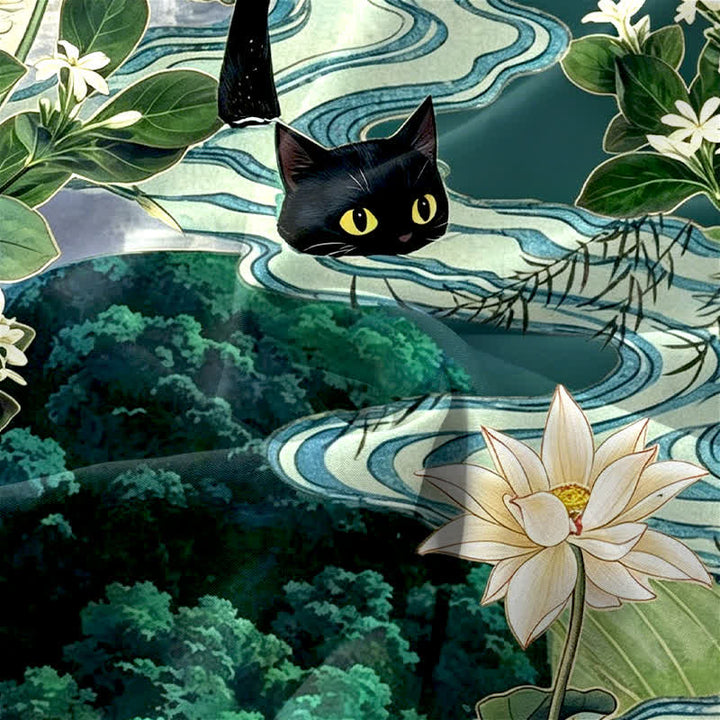 Buddha Stones Robe midi d'été décontractée pour femme, motif lotus et chat noir, sans manches et avec poches - image 3