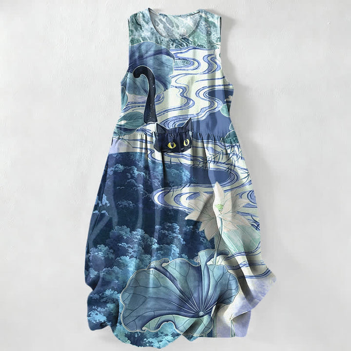 Buddha Stones Robe midi d'été décontractée pour femme, motif lotus et chat noir, sans manches et avec poches - Bleu ciel clair - US16，UK/AU20，EU48 (3XL) - image 8