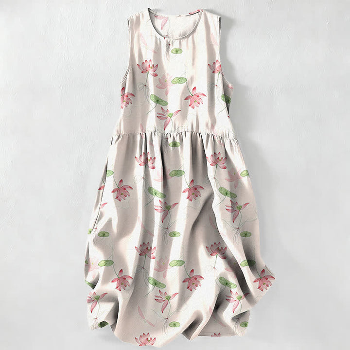 Buddha Stones Robe midi d'été décontractée pour femme, à motif feuilles de lotus, sans manches et avec poches - Ivoire - US16，UK/AU20，EU48 (3XL) - image 0