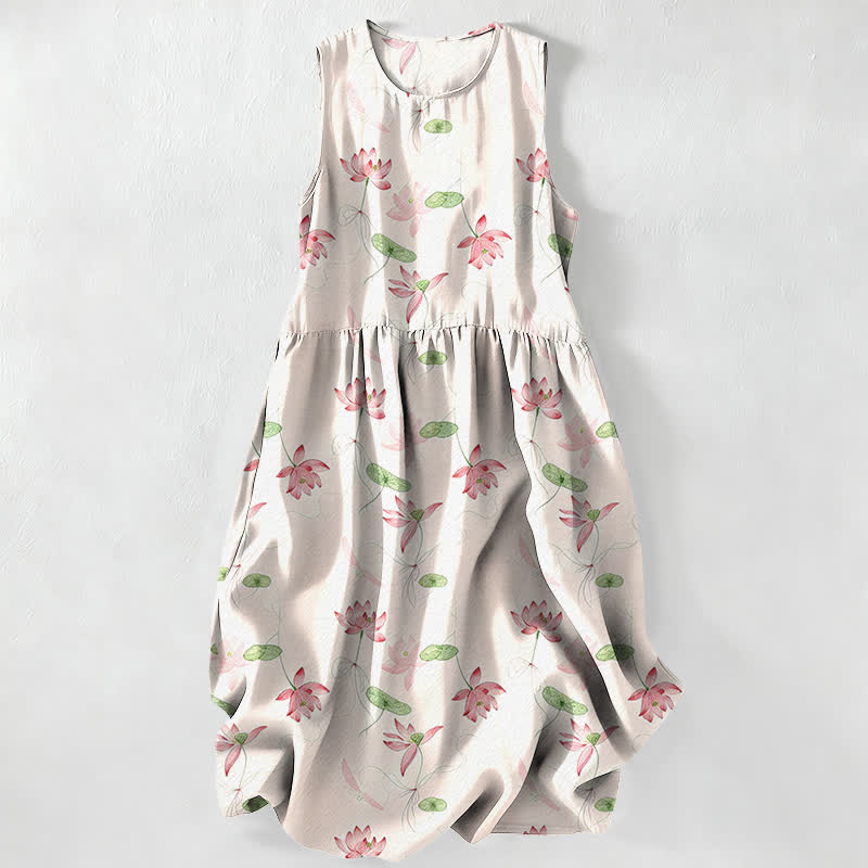 Buddha Stones Robe midi d'été décontractée pour femme, à motif feuilles de lotus, sans manches et avec poches - Ivoire - US16，UK/AU20，EU48 (3XL) - image 0