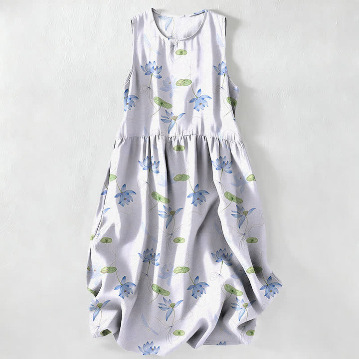 Buddha Stones Robe midi d'été décontractée pour femme, à motif feuilles de lotus, sans manches et avec poches - Lavande - US16，UK/AU20，EU48 (3XL) - image 4