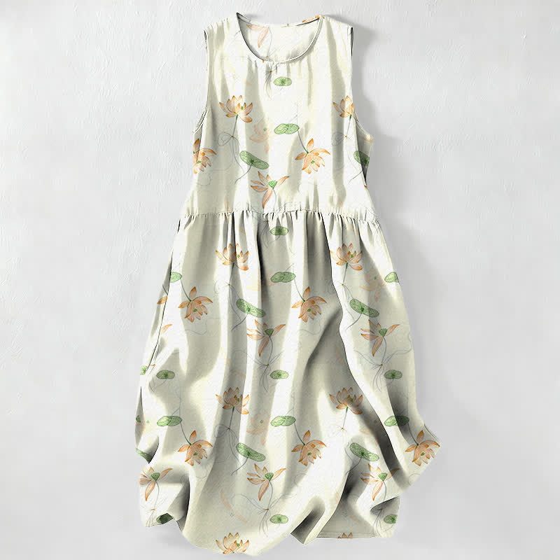 Buddha Stones Robe midi d'été décontractée pour femme, à motif feuilles de lotus, sans manches et avec poches - Melon miellat - US16，UK/AU20，EU48 (3XL) - image 8