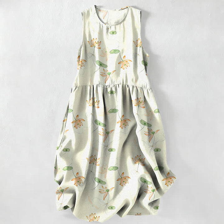 Buddha Stones Robe midi d'été décontractée pour femme, à motif feuilles de lotus, sans manches et avec poches - Melon miellat - US16，UK/AU20，EU48 (3XL) - image 8
