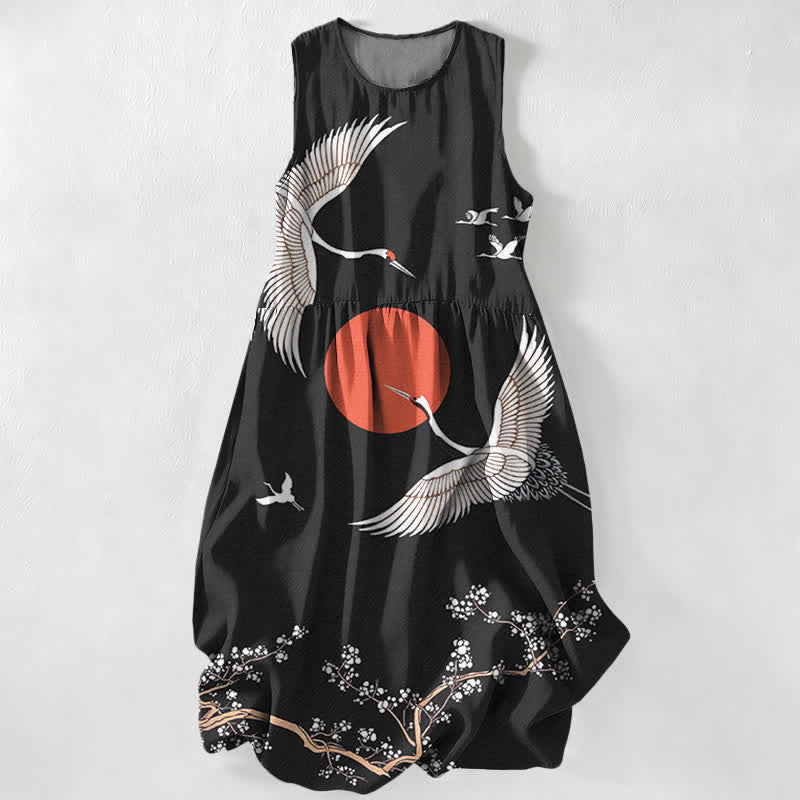 Buddha Stones Robe midi d'été décontractée pour femme, motif grue et soleil rouge, sans manches et avec poches - Noir - US16，UK/AU20，EU48 (3XL) - image 0