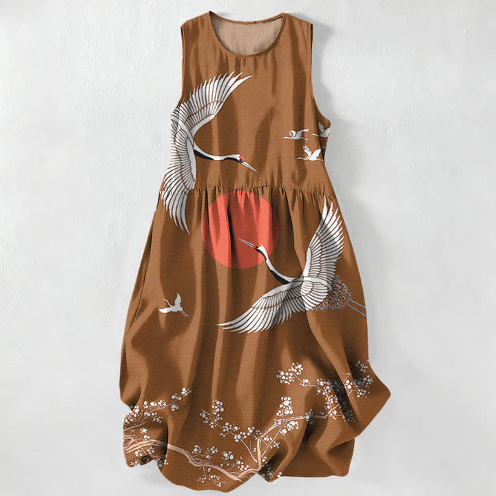 Buddha Stones Robe midi d'été décontractée pour femme, motif grue et soleil rouge, sans manches et avec poches - Terre de sienne - US16，UK/AU20，EU48 (3XL) - image 4