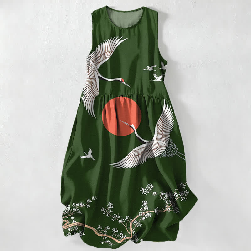 Buddha Stones Robe midi d'été décontractée pour femme, motif grue et soleil rouge, sans manches et avec poches - Vert forêt - US16，UK/AU20，EU48 (3XL) - image 8