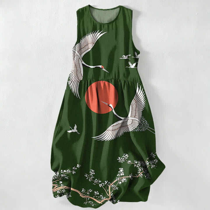 Buddha Stones Robe midi d'été décontractée pour femme, motif grue et soleil rouge, sans manches et avec poches - Vert forêt - US16，UK/AU20，EU48 (3XL) - image 8