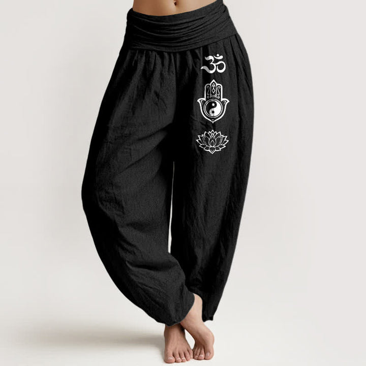 Buddha Stones Pantalon harem pour femme en pur coton, motif Om Hamsa Yin Yang et lotus, taille élastique - Noir - US16，UK/AU20，EU48 (3XL) - image 5
