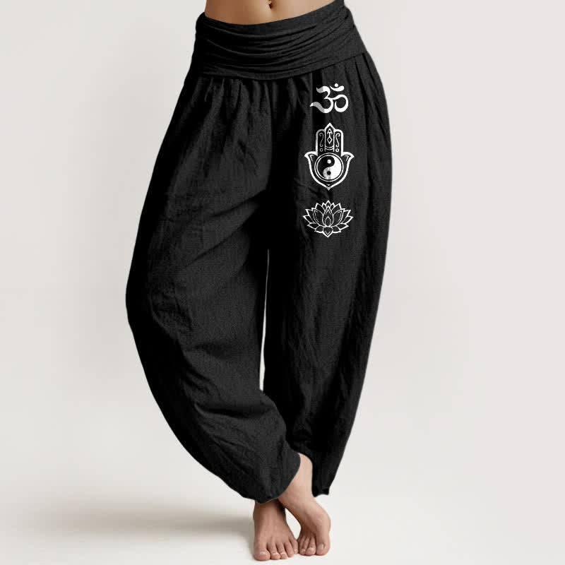 Buddha Stones Pantalon harem pour femme en pur coton, motif Om Hamsa Yin Yang et lotus, taille élastique - Noir - US16，UK/AU20，EU48 (3XL) - image 5
