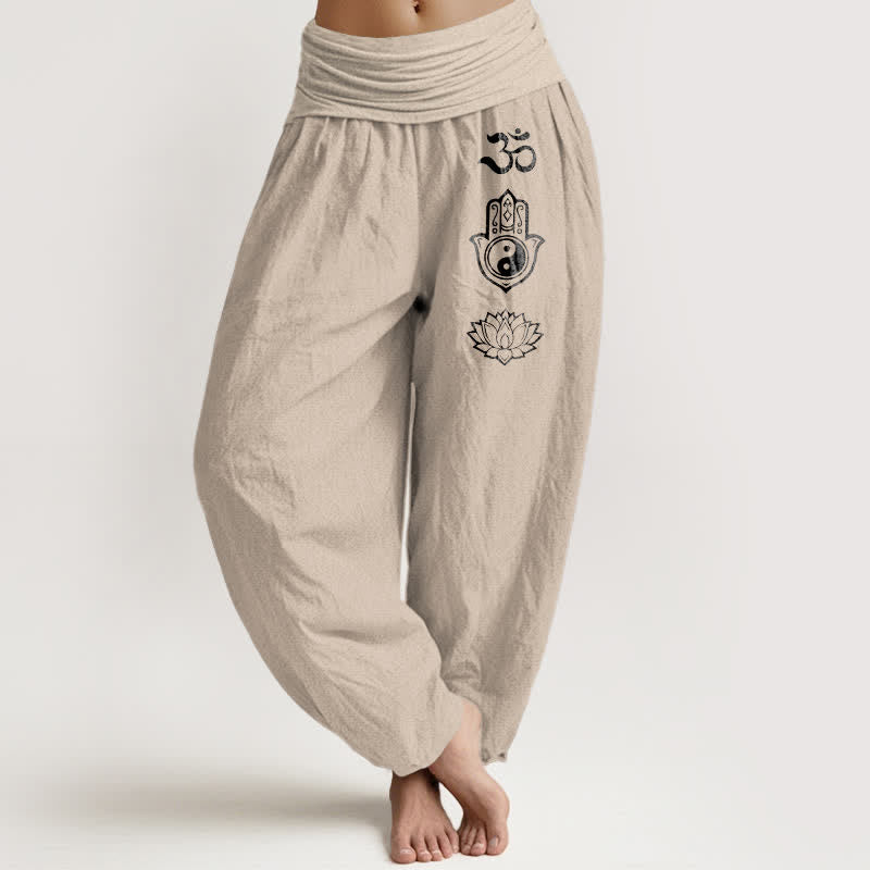 Buddha Stones Pantalon harem pour femme en pur coton, motif Om Hamsa Yin Yang et lotus, taille élastique - Tanné - US16，UK/AU20，EU48 (3XL) - image 0