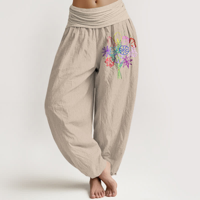 Buddha Stones Pantalon harem pour femme en pur coton à motif floral et taille élastique - Tanné - US16，UK/AU20，EU48 (3XL) - image 14