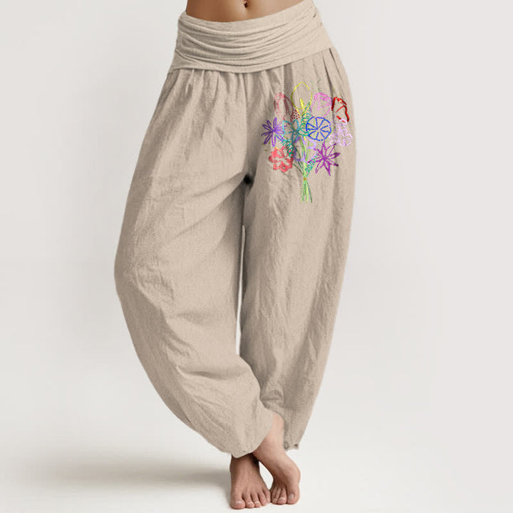 Buddha Stones Pantalon harem pour femme en pur coton à motif floral et taille élastique - Tanné - US16，UK/AU20，EU48 (3XL) - image 14