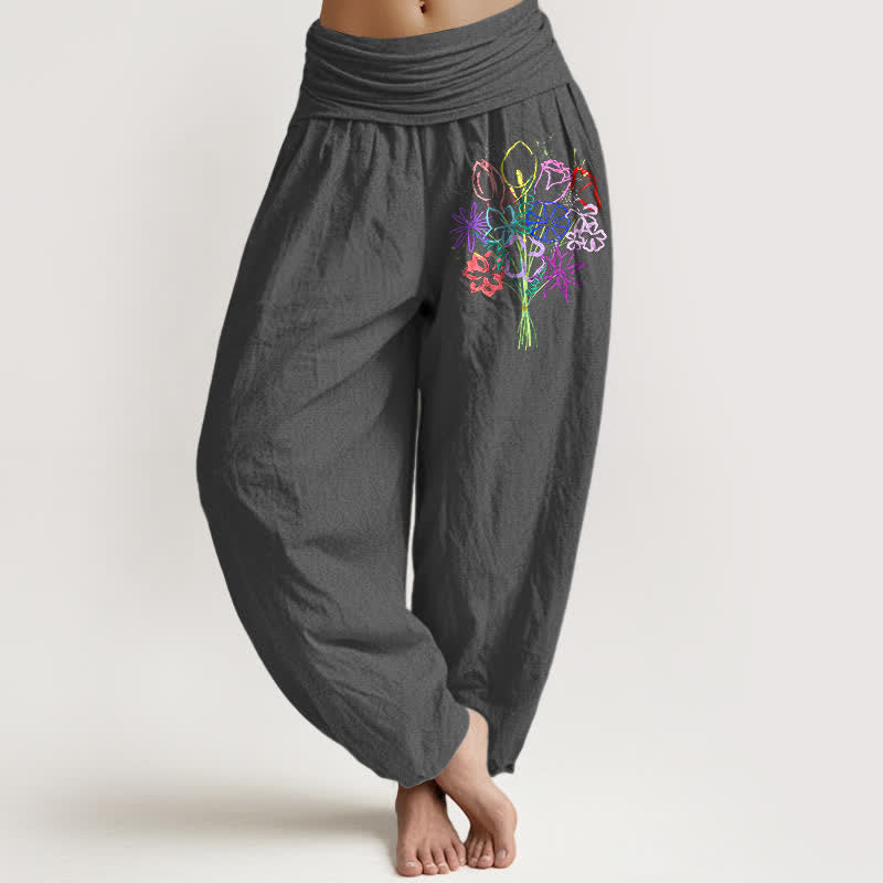 Buddha Stones Pantalon harem pour femme en pur coton à motif floral et taille élastique - Gris sombre - US16，UK/AU20，EU48 (3XL) - image 8