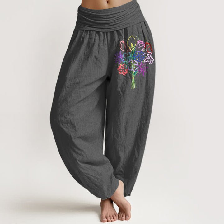 Buddha Stones Pantalon harem pour femme en pur coton à motif floral et taille élastique - Gris sombre - US16，UK/AU20，EU48 (3XL) - image 8