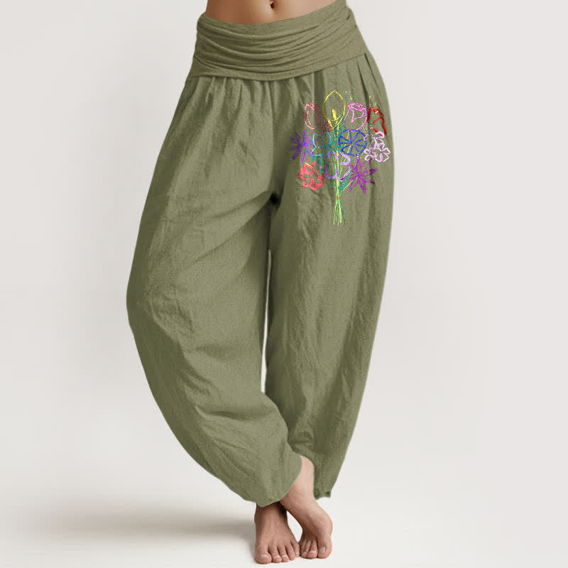 Buddha Stones Pantalon harem pour femme en pur coton à motif floral et taille élastique - Vert olive - US16，UK/AU20，EU48 (3XL) - image 11