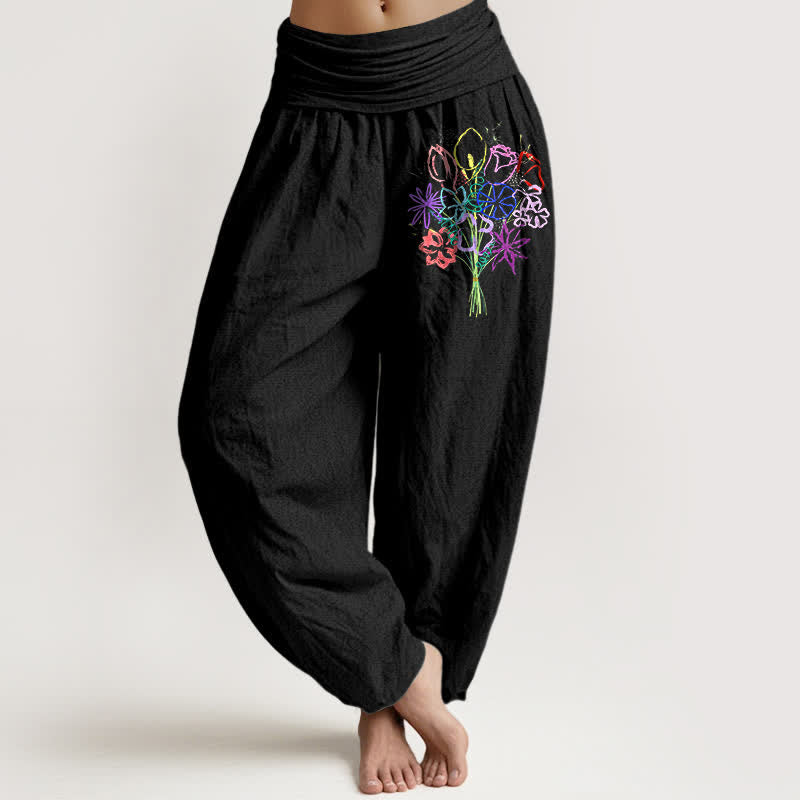 Buddha Stones Pantalon harem pour femme en pur coton à motif floral et taille élastique - Noir - US16，UK/AU20，EU48 (3XL) - image 0