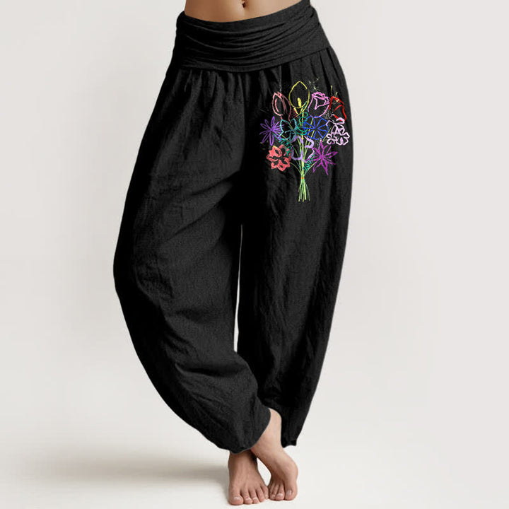 Buddha Stones Pantalon harem pour femme en pur coton à motif floral et taille élastique - Noir - US16，UK/AU20，EU48 (3XL) - image 0