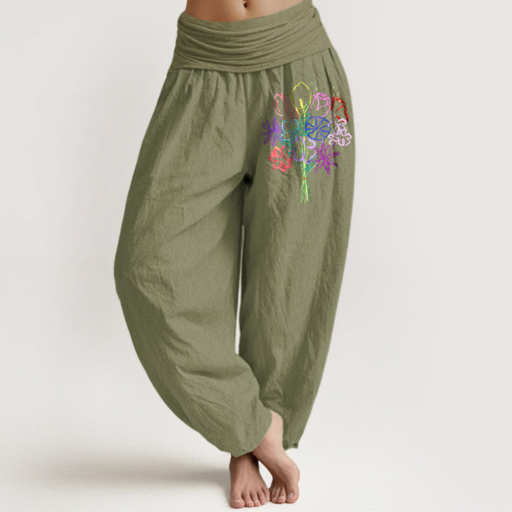 Buddha Stones Pantalon harem pour femme en pur coton à motif floral et taille élastique - Vert olive - US16，UK/AU20，EU48 (3XL) - image 11