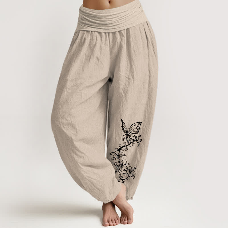 Buddha Stones Pantalon harem pour femme en pur coton à motif floral papillon et taille élastique - Tanné - US16，UK/AU20，EU48 (3XL) - image 14