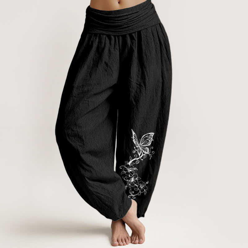 Buddha Stones Pantalon harem pour femme en pur coton à motif floral papillon et taille élastique - Noir - US16，UK/AU20，EU48 (3XL) - image 5