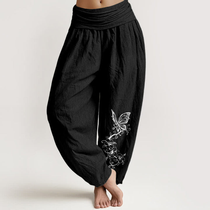 Buddha Stones Pantalon harem pour femme en pur coton à motif floral papillon et taille élastique - Noir - US16，UK/AU20，EU48 (3XL) - image 5