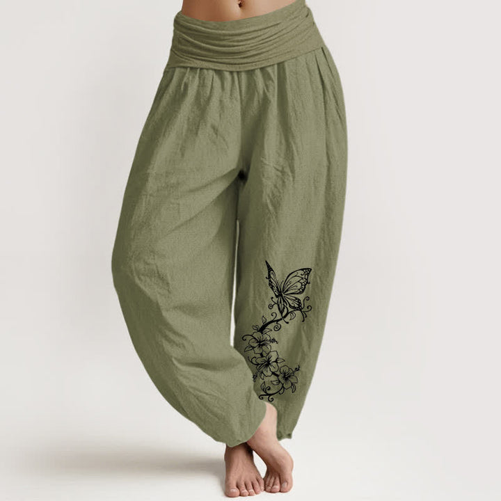 Buddha Stones Pantalon harem pour femme en pur coton à motif floral papillon et taille élastique - Vert olive - US16，UK/AU20，EU48 (3XL) - image 11
