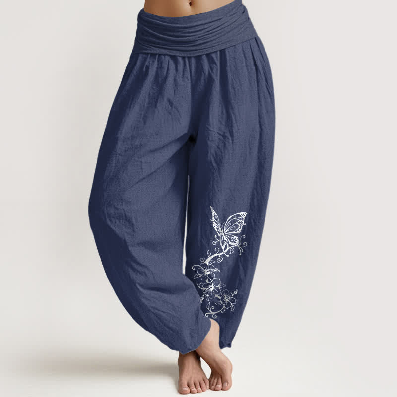 Buddha Stones Pantalon harem pour femme en pur coton à motif floral papillon et taille élastique - Bleu ardoise foncé - US16，UK/AU20，EU48 (3XL) - image 0